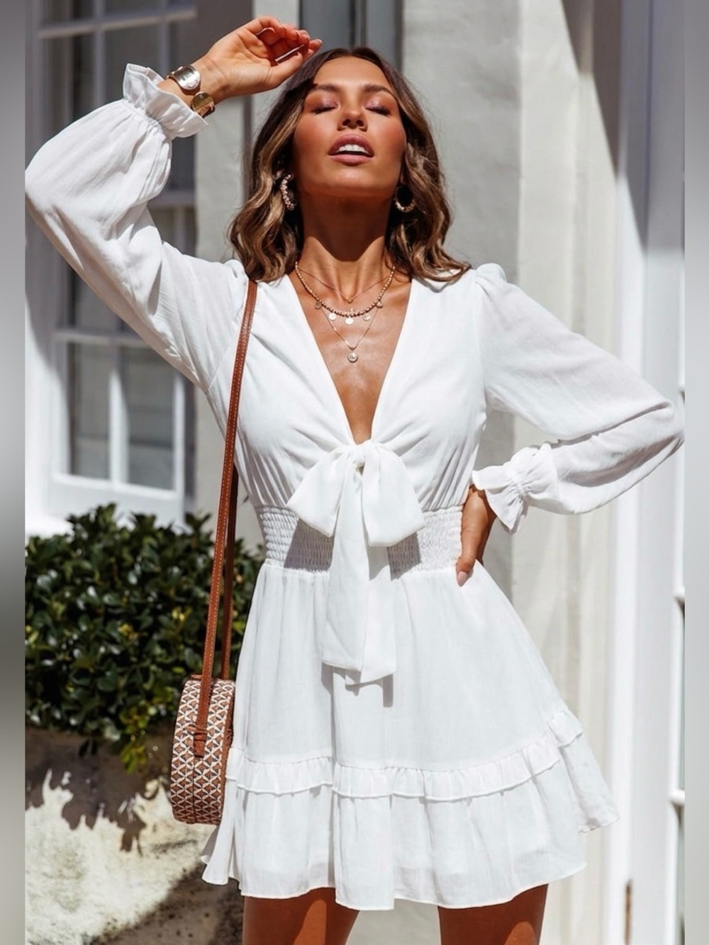 White Tied Plunge Smocked Waist Flounce Sleeve Dress | Size Small